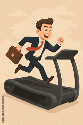 Stressed businessman running on treadmill, business competition, corporate rat race, overworked office worker, career pressure, endless work cycle, cartoon vector illustration, motivation concept