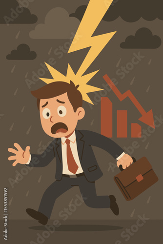 Stressed businessman struck by lightning bolt running in rain, symbolizing financial crisis, business loss, stock market crash, economic downturn, risk, failure, cartoon vector illustration