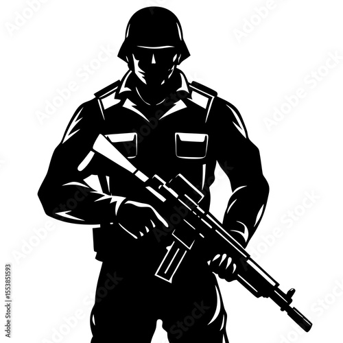 Silhouette of Armed Soldier Holding Rifle in Combat Gear with Tactical Helmet Ideal for Military Themes Security Forces War Concepts Defense Graphics Army Illustrations and Tactical Training Designs