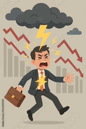 Stressed businessman struck by lightning bolt under storm clouds, symbolizing financial crisis, business loss, stock market crash, economic downturn, bankruptcy, risk, failure, vector illustration