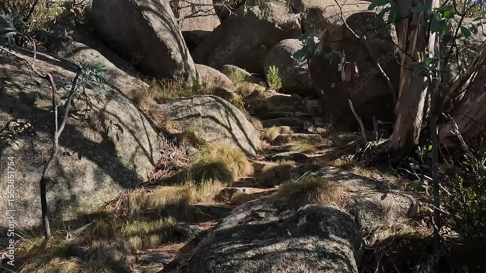 Hiking Trail Leading to The Monolith Granite Formation in Mount Buffalo National Park, Victoria, Australia Hiking Trail Leading to The Monolith Granite Formation in Mount Buffalo National Park, Victoria, Australia