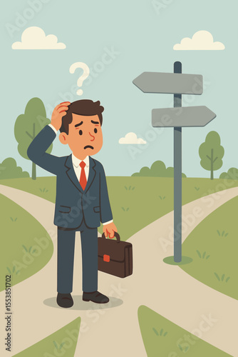 Confused businessman at crossroads making career decision. Businessman in suit holding briefcase, scratching head, standing at forked road with blank direction signs. Career choice concept vector