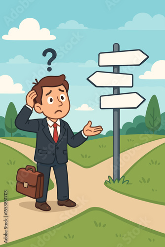 Confused businessman at crossroads choosing career path. Cartoon vector illustration of uncertainty, decision making, direction, business choices, professional dilemma, leadership, opportunity concept