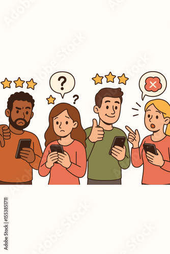 Diverse customers giving mixed reviews and ratings on mobile devices. Cartoon vector illustration of people expressing feedback, opinions, satisfaction, dissatisfaction, questions, and star ratings.