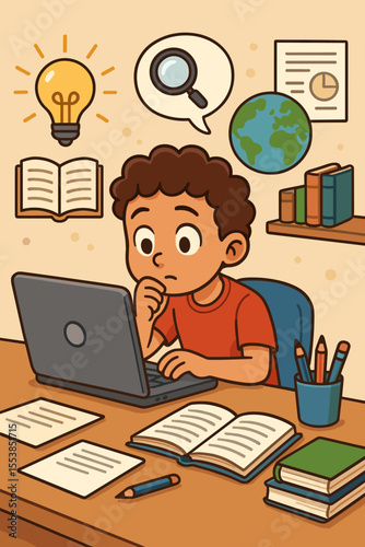 Curious student researching online for school project, cartoon child studying with laptop, books, globe, lightbulb, magnifying glass, education and learning concept, vector illustration
