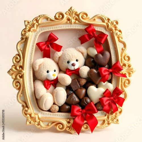 Sweet teddy bears and chocolates gift in ornate gold frame