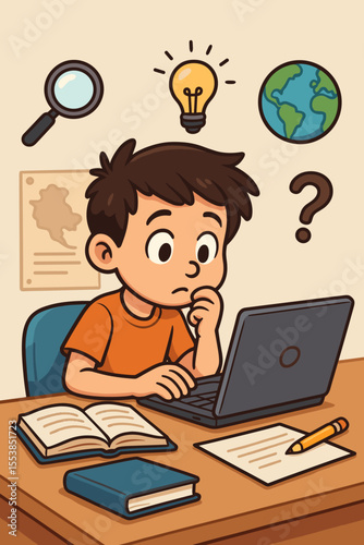 Inquisitive Student Researching Online for School Project, Studying with Laptop, Books, and Notes, Education and Learning Concept, Curiosity, Knowledge Search, Vector Cartoon Illustration