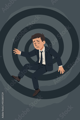 Businessman Falling Down Spiral, Depression and Mental Health Crisis, Anxiety Stress Burnout Concept, Despair Overwhelmed Employee, Psychological Disorder, Vector Illustration, Dark Background