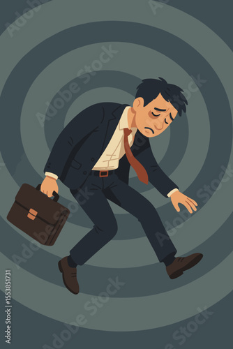 Stressed businessman falling down spiral. Depression, anxiety, burnout, mental health crisis, emotional stress, workplace pressure. Businessman in suit with briefcase. Vector illustration concept