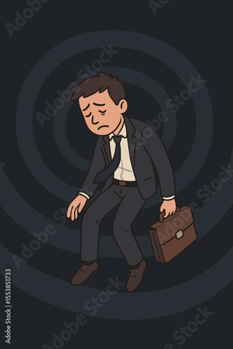Businessman Falling Down Spiral, Depression and Mental Health Crisis Concept, Stress at Work, Burnout, Anxiety, Sadness, Despair, Corporate Overwhelm, Vector Cartoon Illustration