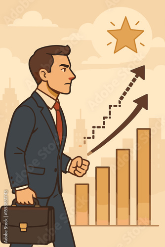 Ambitious businessman striving for career success, growth, and achievement. Vector illustration of professional man with briefcase, upward graph, bar chart, and star symbolizing goals and progress