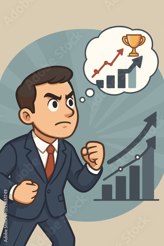 Ambitious businessman in suit visualizes career success, growth, and achievement. Cartoon vector shows goal setting, progress, motivation, leadership, upward graph, trophy, and business mindset