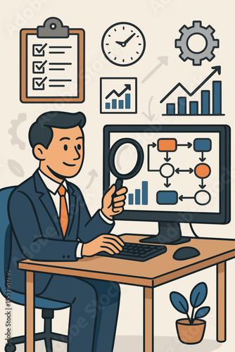Business process analysis and workflow optimization. Office manager monitoring operations, data analytics, productivity, efficiency improvement, project management, task tracking, vector illustration