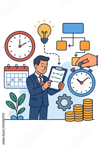 Project and Time Management Concept. Businessman Planning Tasks, Scheduling Deadlines, Allocating Resources, Workflow Optimization, Productivity Strategy, Efficiency, Vector Illustration