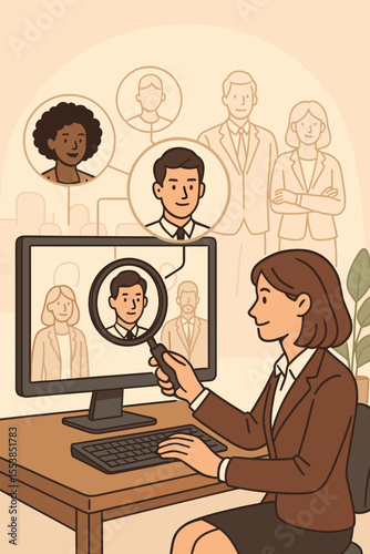 HR Manager Conducts Online Recruitment and Talent Acquisition Process, Screening Job Applicants, Selecting Qualified Candidates, Human Resources Interview, Corporate Hiring, Vector Illustration