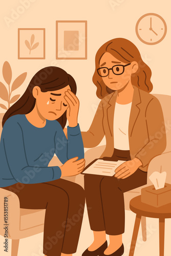 Compassionate psychotherapy session, female psychologist comforting woman with depression, mental health support, counseling, therapy, emotional distress, professional help, vector illustration