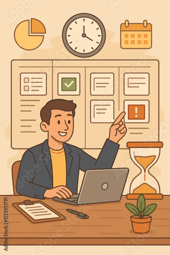 Project management productivity concept. Businessman organizing tasks, managing deadlines, prioritizing workflow. Time management, scheduling, checklist, planning, efficiency, vector illustration