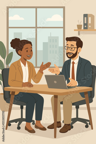 Professional business meeting, diverse colleagues discussing project, teamwork collaboration, productive office communication, modern workplace, corporate strategy, vector illustration