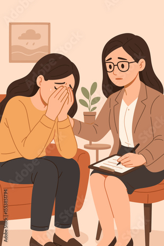 Compassionate psychotherapy session. Female psychologist comforting woman with depression, emotional distress, mental health support, counseling therapy, empathy, vector cartoon illustration