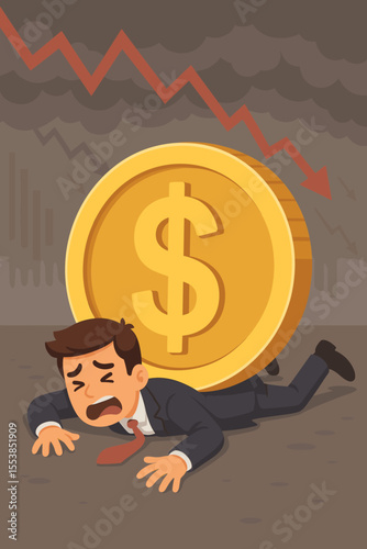 Businessman Crushed by Giant Dollar Coin, Financial Crisis Concept, Economic Downturn, Bankruptcy, Recession, Debt Pressure, Loss, Market Crash, Stress, Vector Cartoon Illustration