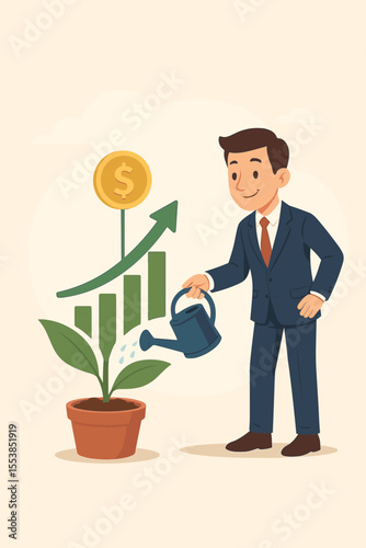 Businessman Watering Money Plant Growth Chart, Investment Success, Financial Growth, Wealth Increase, Profit Nurturing, Economic Progress, Revenue Up, Financial Planning Vector Illustration