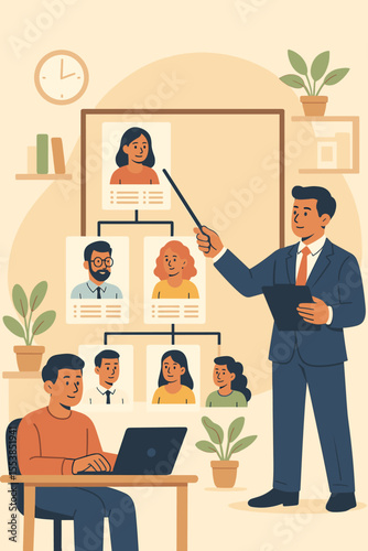Business leader presenting organizational structure and company hierarchy with employee profiles, team building, corporate management, HR strategy, staff planning, office teamwork, vector illustration