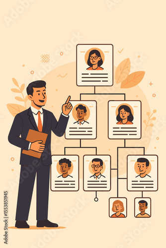 Business leader presenting organizational structure with employee profiles, company hierarchy, team building, HR management, recruitment, corporate workflow, staff development, teamwork concept vector