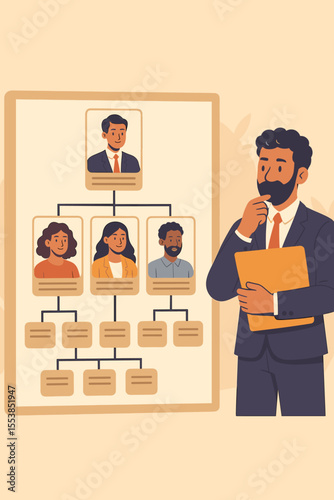 Business leader analyzing company organizational chart with employee profiles, team hierarchy, management structure, human resources strategy, staff planning, corporate workflow, vector illustration