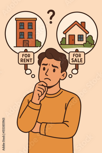 Thoughtful man choosing between renting apartment or buying house, real estate decision dilemma, property investment concept, home ownership versus rental, vector cartoon illustration