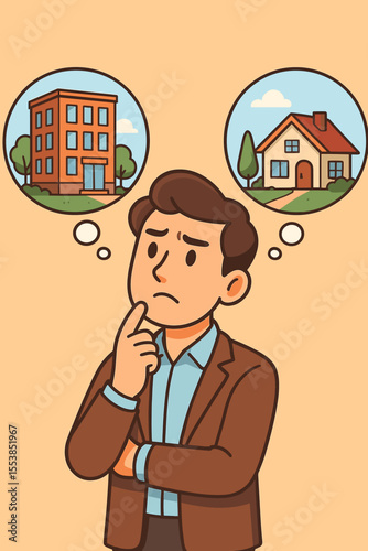 Thoughtful man choosing between renting apartment or buying house. Real estate decision dilemma. Home ownership vs rental. Property investment. Mortgage choice. Urban vs suburban lifestyle concept