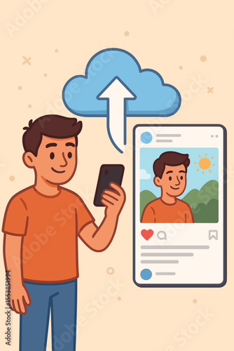 Cartoon man uploading photo to social media via smartphone and cloud service. Sharing image online. Mobile internet communication. Social network post. Digital lifestyle vector illustration