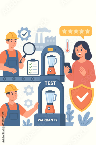 Product Quality Assurance and Safety Control in Manufacturing Process with Factory Workers, Customer Feedback, Warranty Testing, Inspection, Reliability, Certification, and High Rating Concept