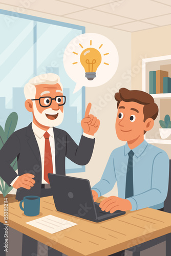Senior executive mentoring young employee with innovative idea in modern office, business teamwork, leadership, brainstorming, professional collaboration, laptop workspace, cartoon vector illustration