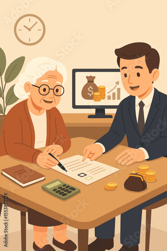 Senior woman consulting financial advisor for retirement planning, investment strategy, savings management, pension advice, money growth, elderly client meeting, cartoon vector illustration