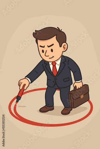 Cartoon businessman drawing red boundary circle, setting personal limits, business protection, self defense, workplace boundaries, assertiveness, corporate safety, vector illustration