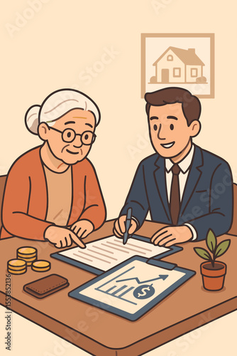 Senior woman consulting financial advisor for retirement planning, investment strategy, savings management, signing documents, money, coins, home ownership, cartoon vector illustration