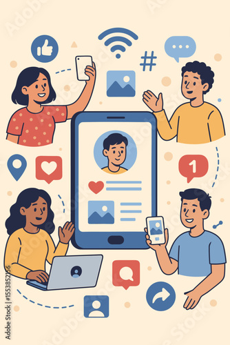 Social media networking and online communication concept. Cartoon people sharing photos, chatting, liking, using smartphone, laptop, internet icons. Digital connection, social platform illustration