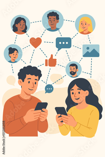 Social media networking and online communication concept. Cartoon people using smartphones, sharing photos, chatting, liking, connecting profiles. Digital community interaction vector illustration