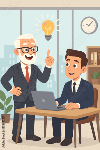 Business mentorship concept. Senior manager coaching a young employee in the office. Experienced mentor sharing a new idea, symbolized by a lightbulb, with a junior colleague.