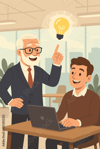 Business mentorship concept with senior manager guiding a young employee. Experienced boss sharing a creative idea or solution with a junior colleague. Innovation and teamwork in the office.