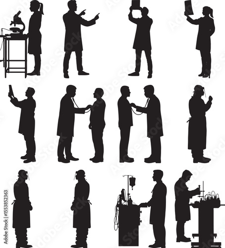 Medical professionals are showcased in a collection of silhouette poses, highlighting healthcare and research roles.