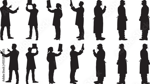 Doctors and medical personnel stand silhouetted in various poses, examining records and using healthcare technology