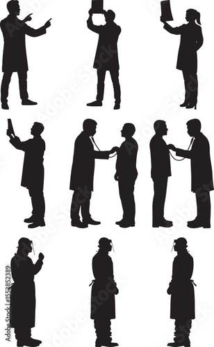 Physicians silhouette collection shows doctors and surgeons in various poses related to health and medicine for backgrounds.