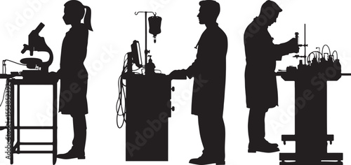 Scientists in silhouette conduct experiments and research in a laboratory setting for scientific breakthroughs and medical advancements.