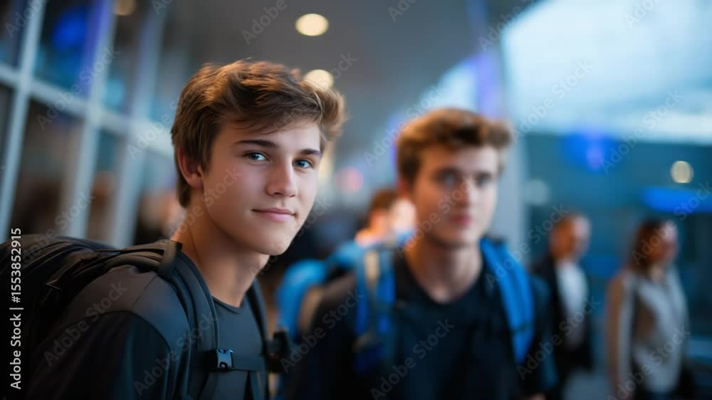 Heading to Airport Security with Backpacks and Excitement Heading to Airport Security with Backpacks and Excitement