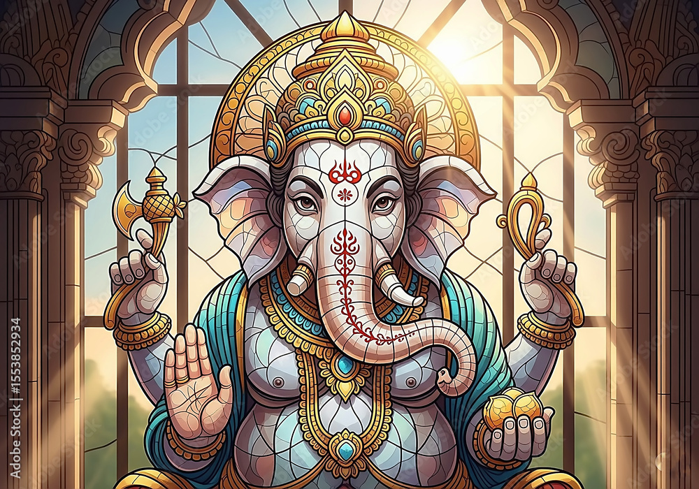 Fototapeta premium Colorful Lord Ganesha Illustration – Artistic Hindu Deity Portrait, Lord Ganesha, styled in a famous art tradition with rich textures and bold color palettes.