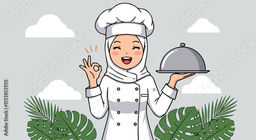 Happy Muslim Woman Chef Presenting a Dish with a Smile