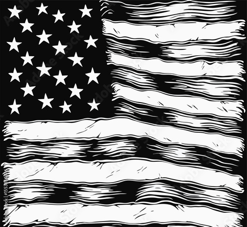 Vector black and white design with decorative 
drawing of torn national 
flag of usa is fluttering in wind. 
Fashion t-shirt print. American pattern 
of stars and wavy stripes for fabric, clothing.