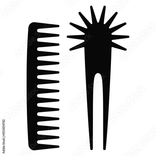 This simple, black and white illustration depicts a hair comb and a hair stick.