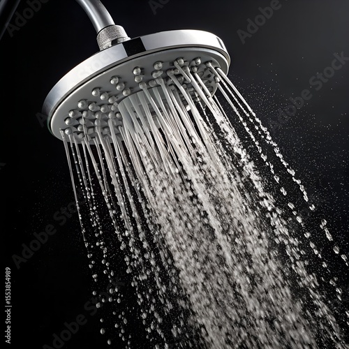 A close-up of a modern showerhead with water flowing down. The background is dark, highlighting the shiny metal surface and the water droplets.